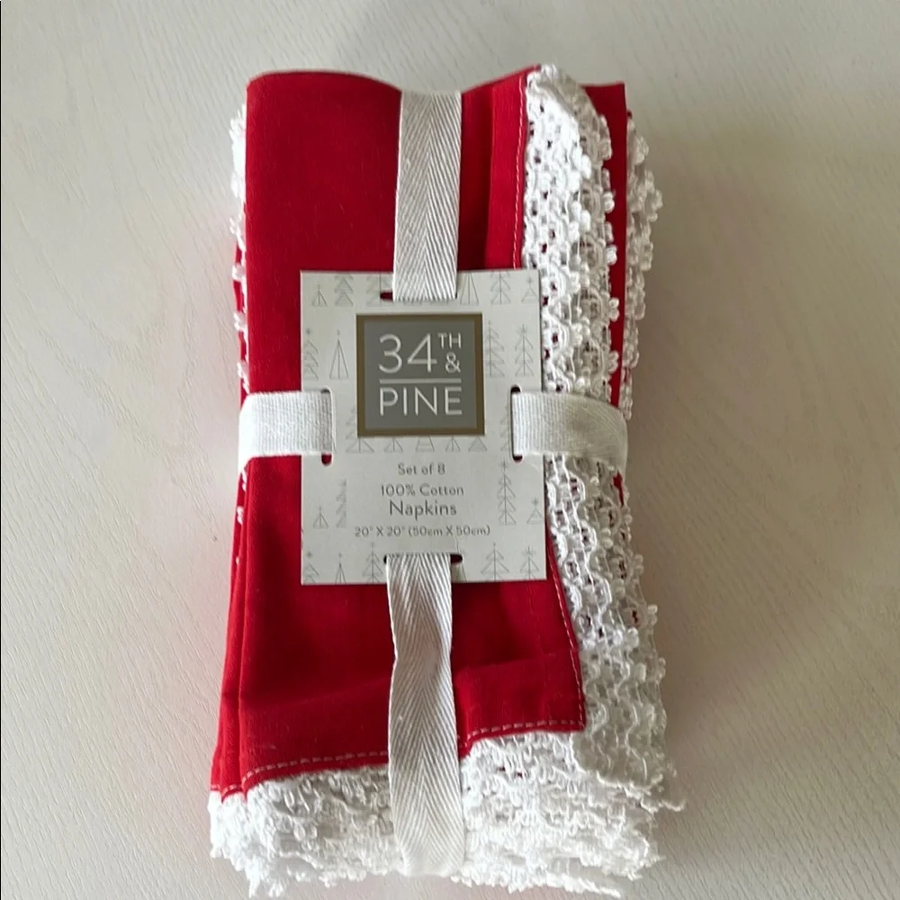 34th & Pine 100% Cotton Cloth Napkins Red with White Lace Trim, Set of 8